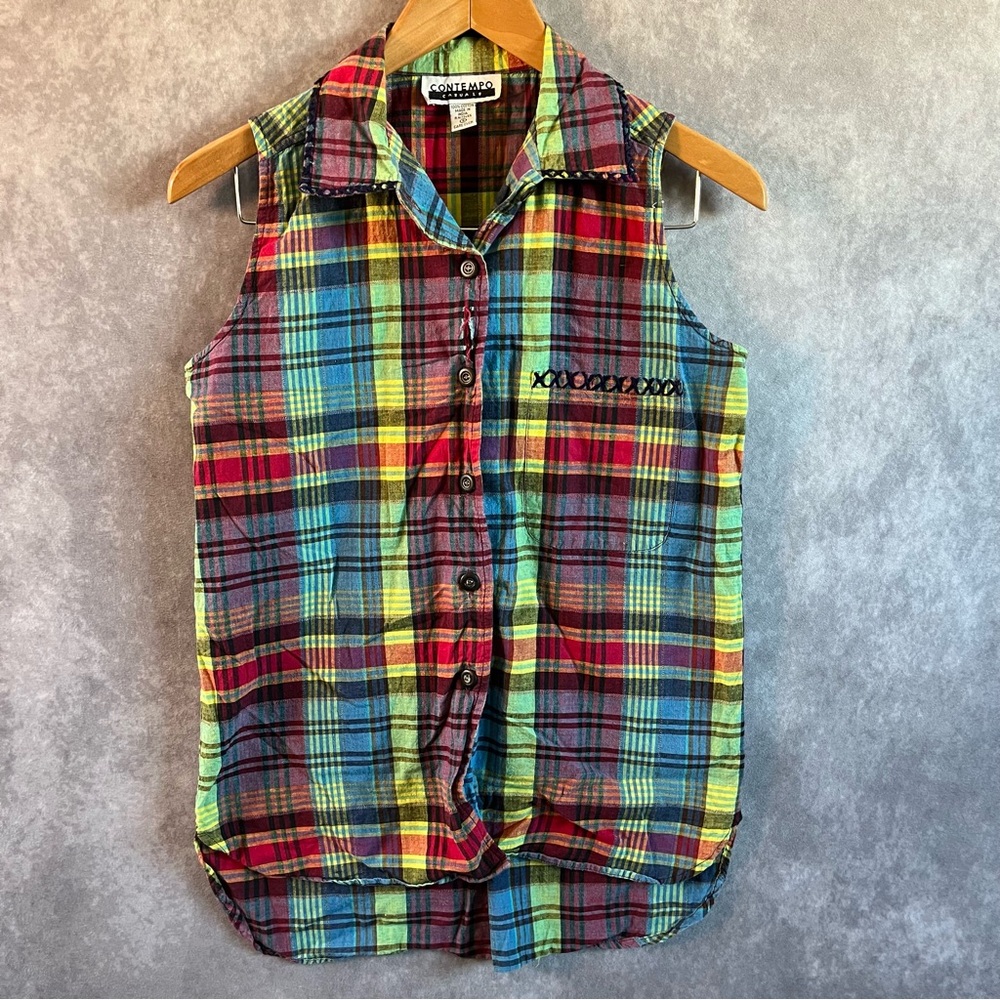 Contempo Casuals Plaid Shirt Womens Small Multicolor Vintage Sleeveless Cotton
